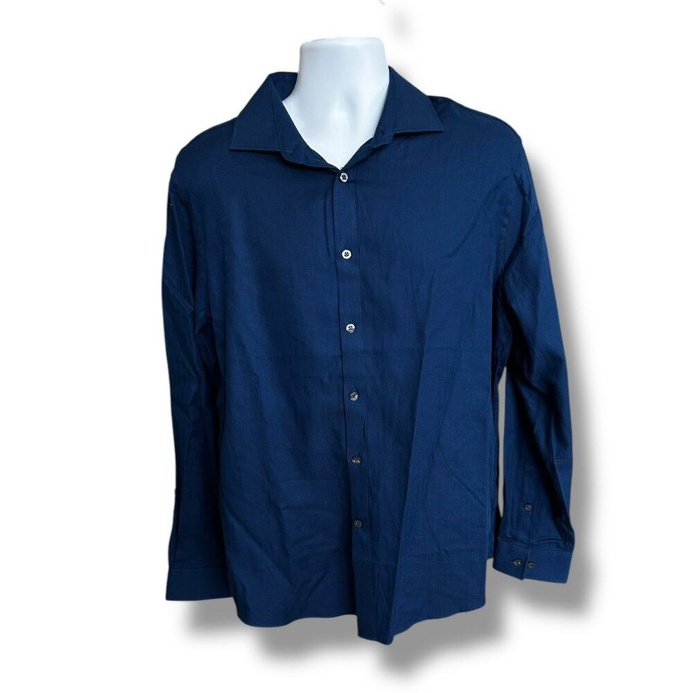 New Michael Kors Slim Fit LS Button Down Evening Blue Solid Herringbone 17 34/35